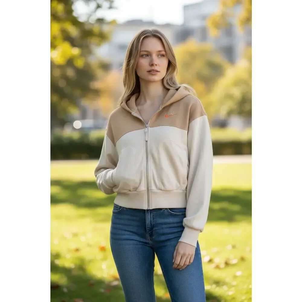 Nike Sportswear Phoenix Fleece Cropped Full Zip Hoodie XS Tan Cream FB7211-104